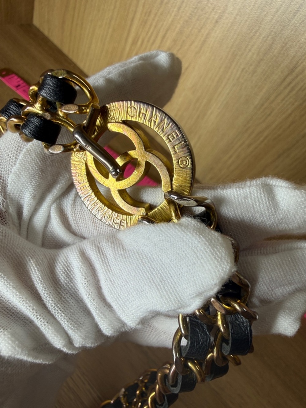 CHANEL Black and Gold Double-Row leather Chain Necklace with CC Medallion - Picture 7 of 7